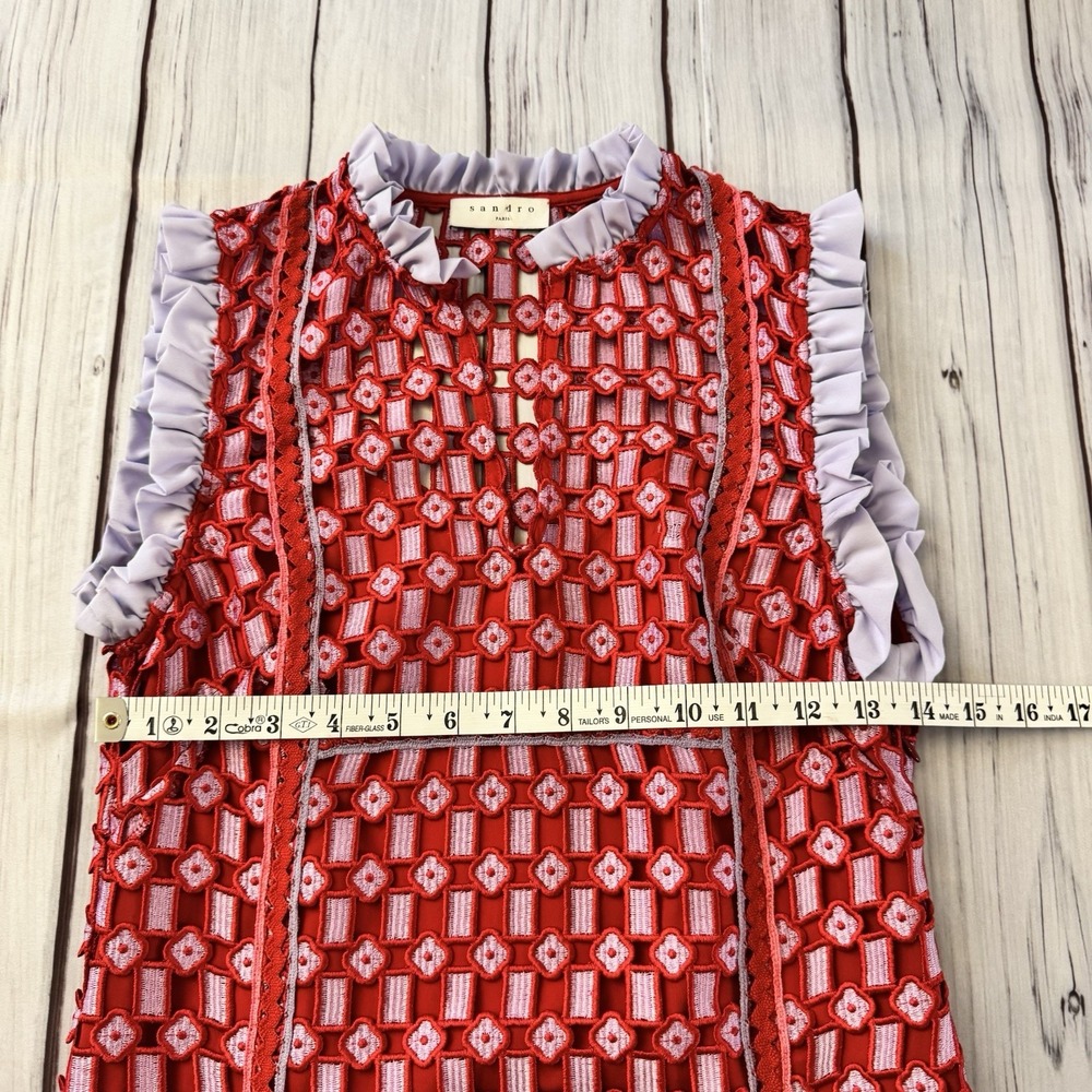 Sandro Paris Textured Lace Split Neck Dress Size 36‎ Small Women's Red - Picture 6 of 14